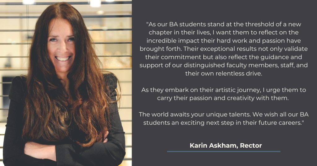 Graphic shows a photo of the CSVPA School rector Karin Askham, with a quote from her regarding the news of the latest BA results being published.