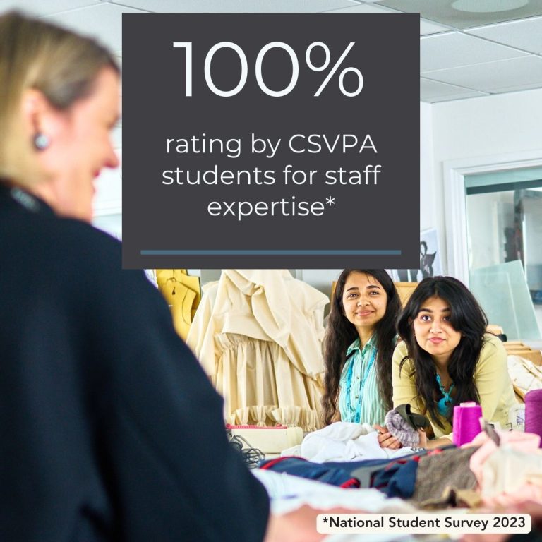 Graphic shows two students looking at a tutor with the text '10% rating by CSVPA students for staff expertise'.
